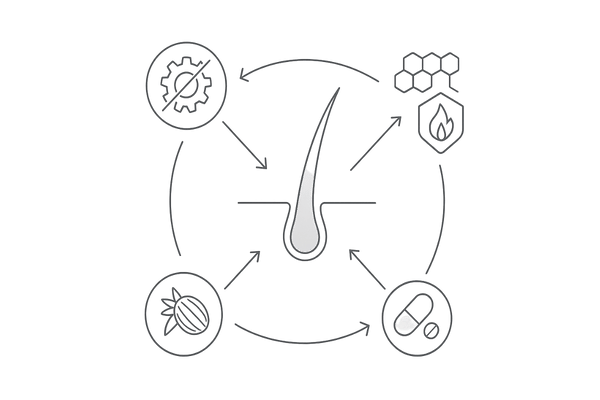 ノコギリヤシ×フィナステリドの併用相乗効果イメージ｜DHT抑制・抗炎症・血流サポート