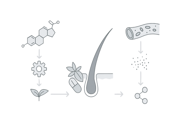 AGA治療におけるノコギリヤシ×ミノキシジル併用の作用メカニズム図（DHT抑制と血流改善）