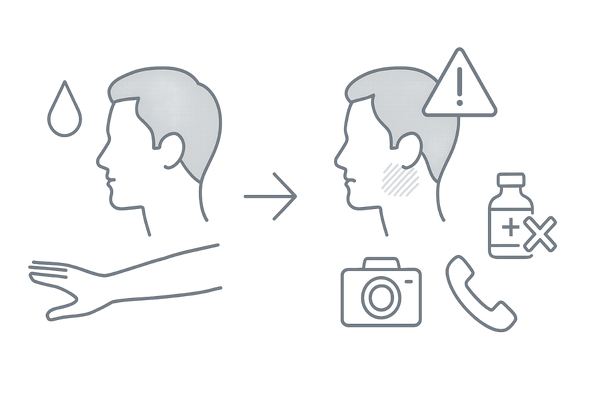 併用時の安全対策と注意点イメージ（パッチテスト・相互作用・受診目安）