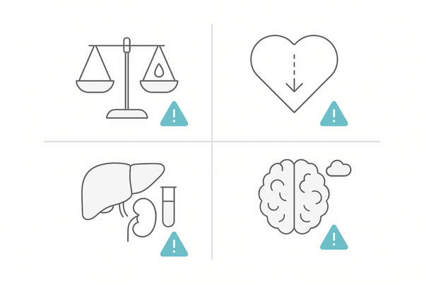 5αリダクターゼ抑制育毛剤の副作用リスク概念図（ホルモン・性機能・肝腎・気分の4領域）