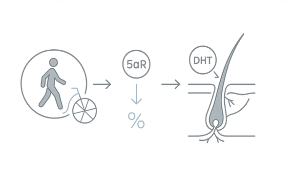 運動で5αリダクターゼを抑える仕組み図（DHT・毛包・血流の関係）