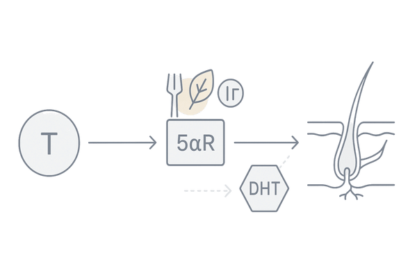 食事で抑える5αリダクターゼの仕組み図（DHT生成フローと介入ポイント）