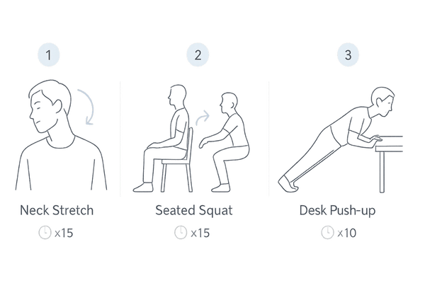 自宅でできる低強度エクササイズ3選（首肩ストレッチ・座位スクワット・デスク腕立て）