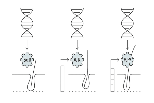 遺伝子多型によるDHT産生差と毛包のミニチュア化イメージ