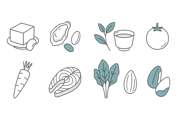 5αリダクターゼを抑える食べ物10選のアイコン一覧（大豆・牡蠣・かぼちゃの種ほか）