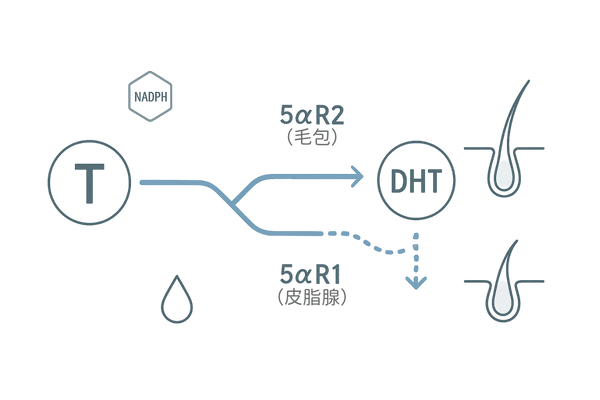 5αリダクターゼ1型・2型とDHT生成の流れ（AGAメカニズム図解）