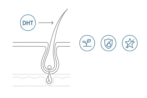 キャピキシルのAGA作用機序図（DHTの影響と介入ポイント）