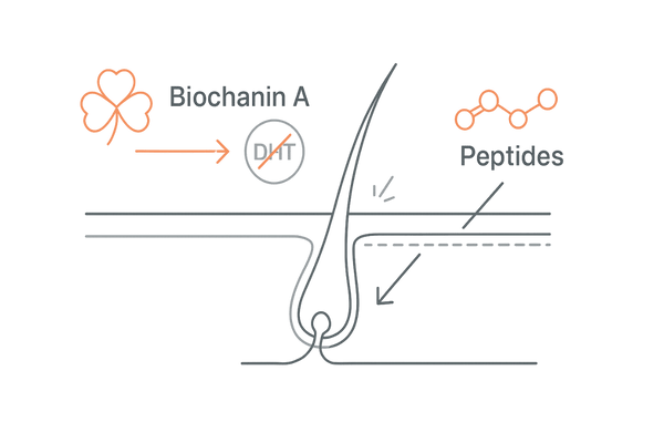 キャピキシルの作用機序図解｜Biochanin Aとアセチルテトラペプチド-3の働き（DHT抑制と毛包支持）
