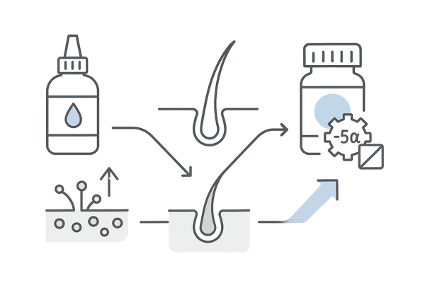 カルプロニウム塩化物×フィナステリドの併用イメージ:異なる作用点が毛髪成長に収束
