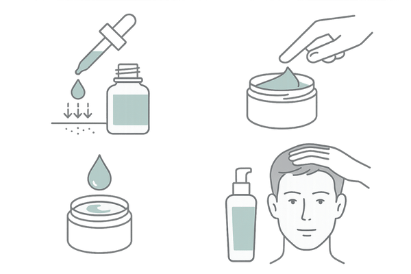 カルプロニウム塩化物配合育毛剤の製品形状と吸収イメージ（液剤・ジェル・クリーム・ローション）