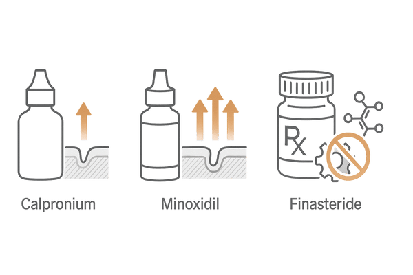 カルプロニウム塩化物・ミノキシジル・フィナステリドの作用機序比較イメージ