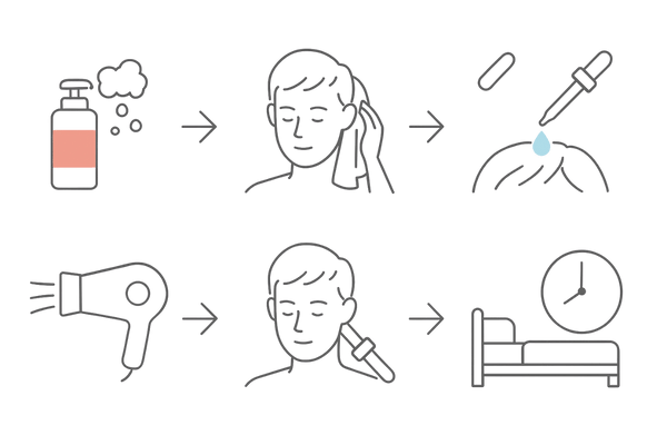 カルプロニウム（朝）＋ミノキシジル（夜）の正しい使用手順タイムライン（洗髪・半乾き・塗布・就寝前待機）