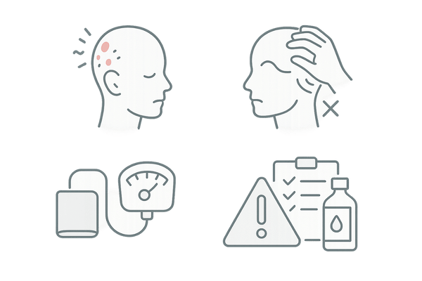 併用時の安全性と副作用の注意点イメージ（頭皮刺激・皮膚炎・全身性リスクの概念）