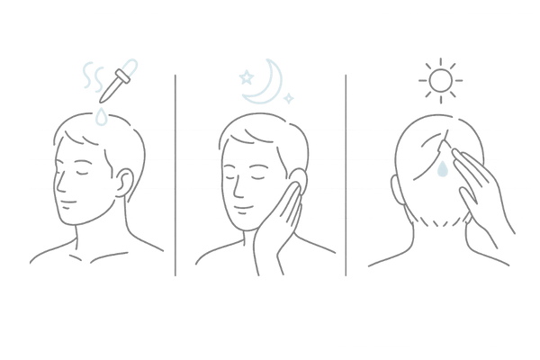 ペンタデカン育毛剤の使用タイミングイメージ(入浴後・就寝前・朝の洗髪後)