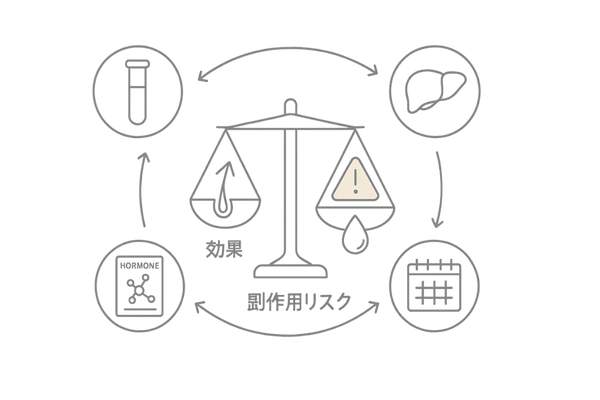 併用時の安全管理：効果と副作用のバランス・モニタリングを示すアイコン図（PSA・肝機能・ホルモン）
