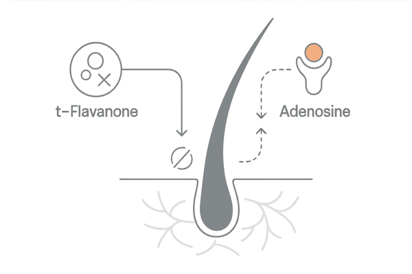 t-フラバノン×アデノシンの併用メカニズム図(DHT抑制と成長因子活性化)