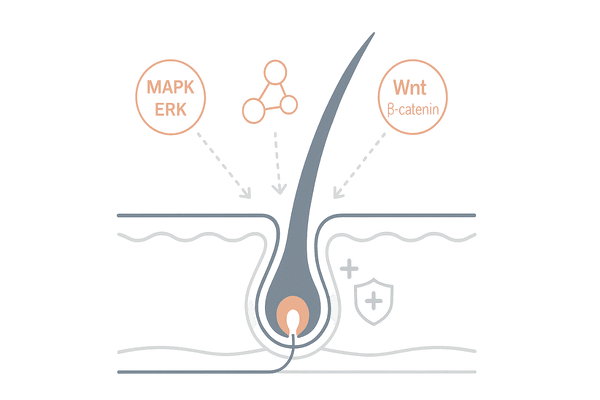 t-フラバノンの発毛メカニズム図｜毛母細胞活性化とMAPK/ERK・PI3K/AKT・Wnt経路の概念図