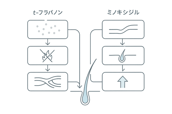 t-フラバノン×ミノキシジルの相乗効果フロー（左右合流→健やかな毛包）