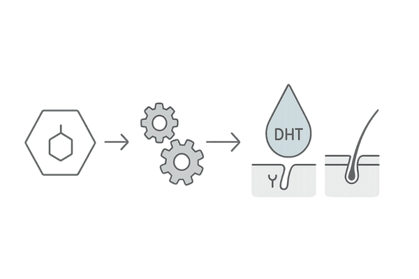 5αリダクターゼとDHT変換の流れ｜毛包ミニチュア化のメカニズム図
