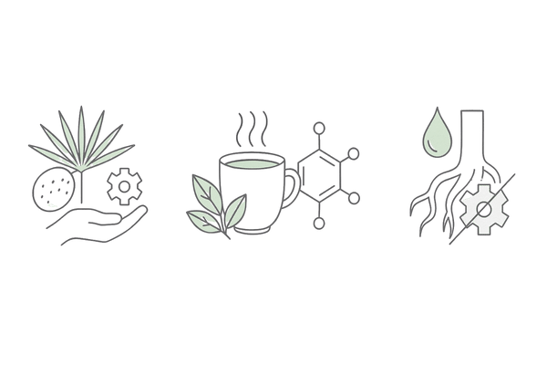 ノコギリヤシ・緑茶カテキン・オウゴンの5αリダクターゼ抑制イメージ（シャンプー有効成分）