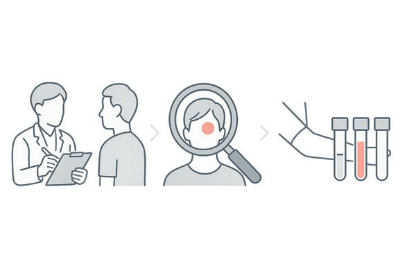 円形脱毛症の診断フロー｜問診・視診（拡大鏡）・血液検査の流れ（男性）