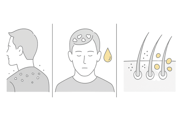 乾燥フケ・脂漏性皮膚炎フケ・真菌由来フケの見た目比較イメージ