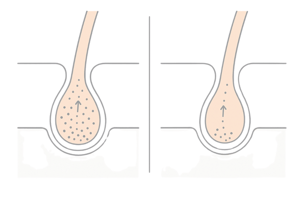 白髪の原因｜メラノサイトとメラニン生成の仕組み（正常と低下の比較図）