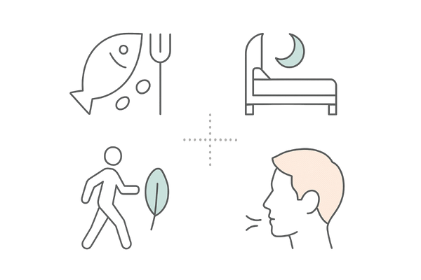 白髪予防の生活習慣｜食事・睡眠・運動・ストレスケア（アイコン図）