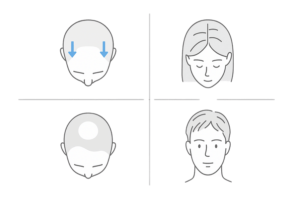 薄毛の種類を一目で比較(AGA・女性型・円形・びまん性の図解)