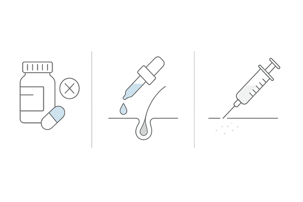 内服薬・外用薬・注入療法の違いを視覚比較(AGA治療の3パネル図)