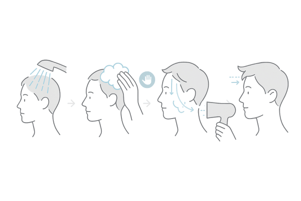 頭皮湿疹を防ぐ正しい洗髪とドライの4ステップ（予洗い→洗う→すすぐ→乾かす）