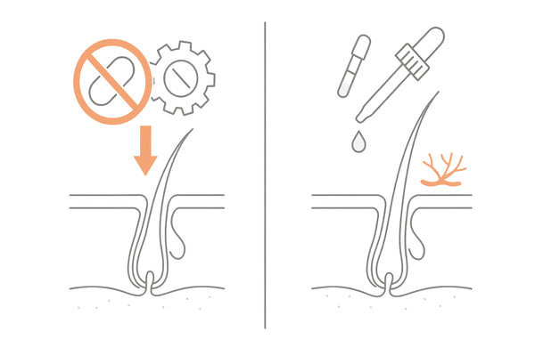AGA治療の作用イメージ｜5α還元酵素阻害薬とミノキシジルの比較図（男性向け）