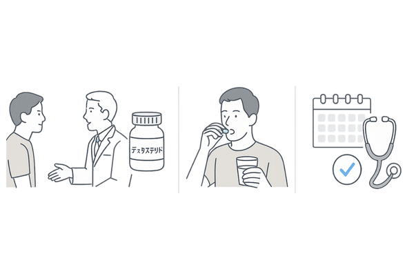 デュタステリド処方から内服・経過観察までのAGA治療の流れを示すイラスト