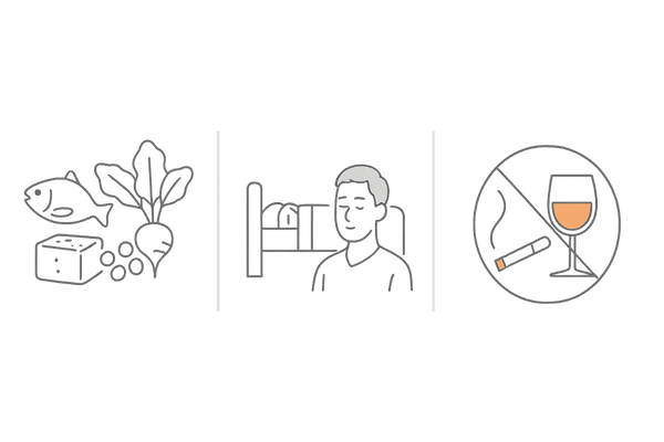 デュタステリド治療を支える生活習慣（食事・睡眠ストレス・嗜好品の見直し）のイラスト