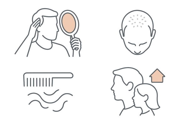 AGA自己チェックの4ポイント|生え際・頭頂部・抜け毛・家族歴をシンプルに示す2×2アイコン