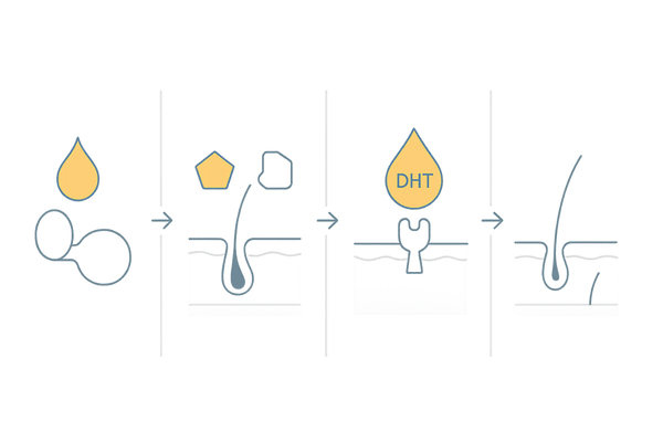 AGAの原因フロー|テストステロン→5αリダクターゼ→DHT→ヘアサイクル短縮の流れ(男性向け解説)