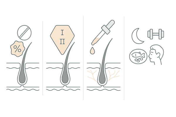 AGA治療アプローチの可視化|フィナステリド・デュタステリド・ミノキシジル・生活習慣の4パネル