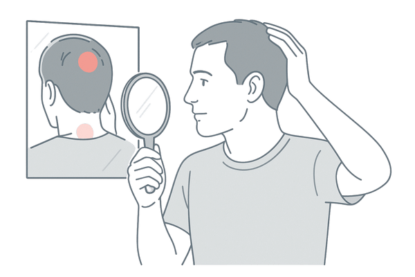 円形脱毛症のごく初期にできる小さな円形脱毛斑を鏡で確認する男性のイメージ