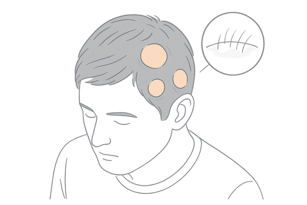 円形脱毛症の症状イメージ|男性の頭皮に現れる円形脱毛斑の例