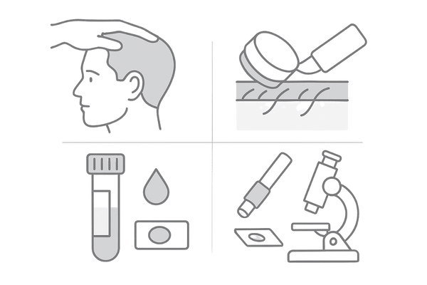 円形脱毛症の診断フロー図|視診・ダーモスコピー・血液検査・皮膚生検