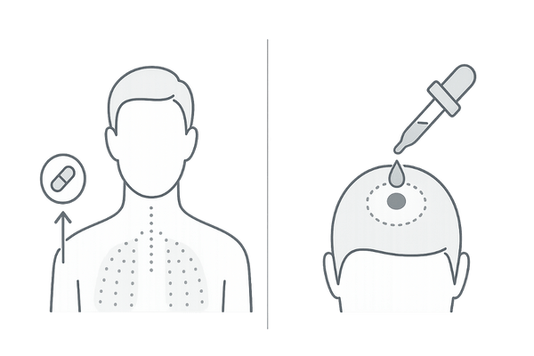 円形脱毛症｜内服薬と外用薬の違いを示す比較図（作用範囲と投与方法）