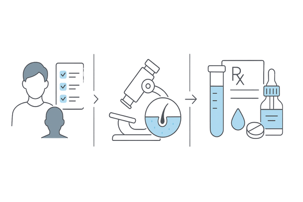 円形脱毛症｜診断から治療計画までの流れ（カウンセリング・検査・血液検査・治療方針）4ステップ図