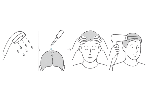 アロビックス外用液の正しい塗布手順（洗髪→分け目塗布→マッサージ→乾燥）