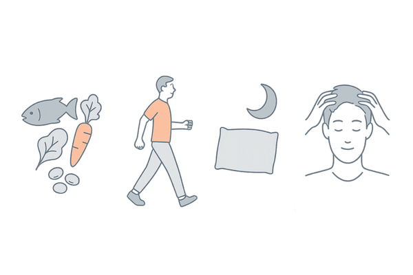 つむじはげ改善に役立つ生活習慣(食事・運動・睡眠・頭皮ケア)のイメージ