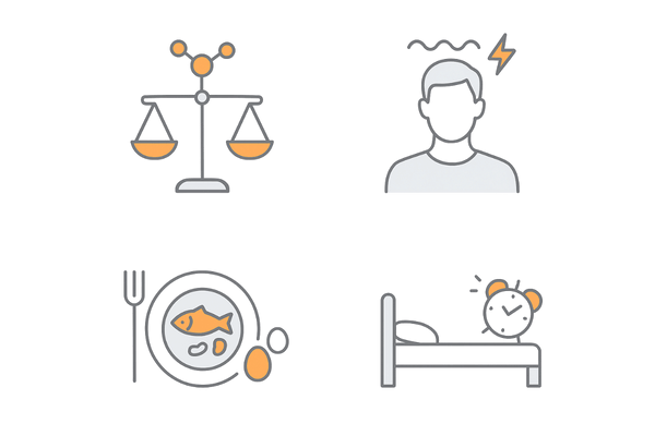 びまん性脱毛症の原因4要素｜ホルモン・ストレス・栄養・睡眠（2×2アイコン）