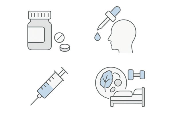 びまん性脱毛症の治療アプローチ4種｜内服・外用・注入・生活改善（2×2アイコン）