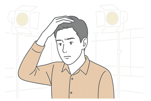 撮影スタジオの強い照明と長時間収録で頭皮に負担がかかる男性芸能人のイメージ