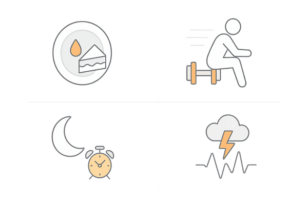 DHT増加と関連しやすい生活習慣（食事・運動・睡眠・ストレス）を示す2×2アイコン図