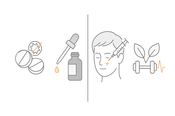 AGA対策の主要アプローチ比較（内服薬・外用薬・頭皮注入・生活習慣改善）4パネル図