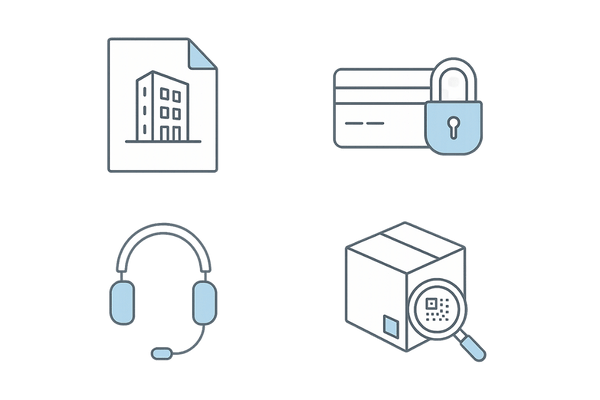 安全な通販サイトの見分け方アイコン（運営情報・支払い安全・サポート・正規品確認）